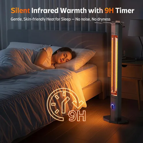 Miniatura 7 de Calentador eléctrico para patio al aire libre, calentador de torre infrarrojo de 42 pulgadas de 1500 W con 9 ajustes de calor y temporizador de 9