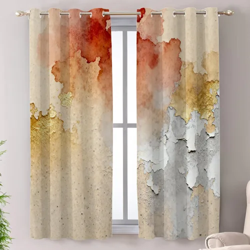 Miniatura 134 de Shrahala Beige and Orange Abstract Art Brushstrokes Blackout Curtain Tiers, Abstract Oil Paint Kitchen Valance Light Blocking Tier Drapes with Rod