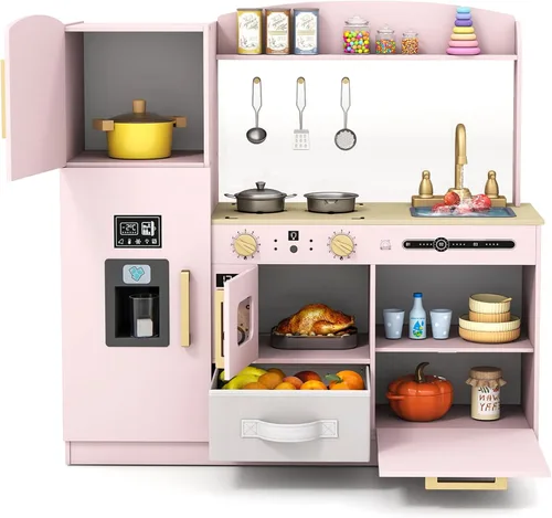 Miniatura 10 de Costzon Juego de cocina para niños, cocina de juguete de madera con luz y sonido, microondas, máquina de hielo, horno, fregadero y grifo, accesorios