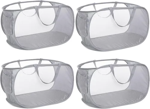 Miniatura 7 de Cesta de lavandería desplegable de malla resistente, cestas plegables con bolsillo lateral, cesta de ropa plegable con asas de transporte reforzadas