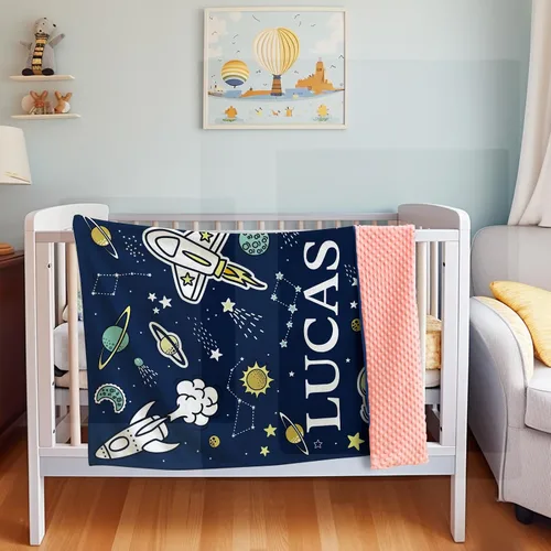 Miniatura 2 de Manta de bebé personalizada para niños, manta de bebé personalizada con nombre, franela suave con respaldo de puntos de doble capa, manta de Rocket