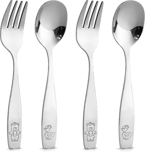 Zulay Kitchen 4 utensilios para niños pequeños, juego de cubiertos de acero inoxidable para niños, tenedores y cucharas seguros para niños y niños