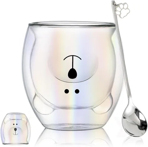 Miniatura 9 de Binoster Tazas Lindas de Oso Kawaii de Vidrio de Doble Pared para Café y Té, Taza de Yogur Divertida, Regalo Novedoso para Mujeres, Sus Amigas