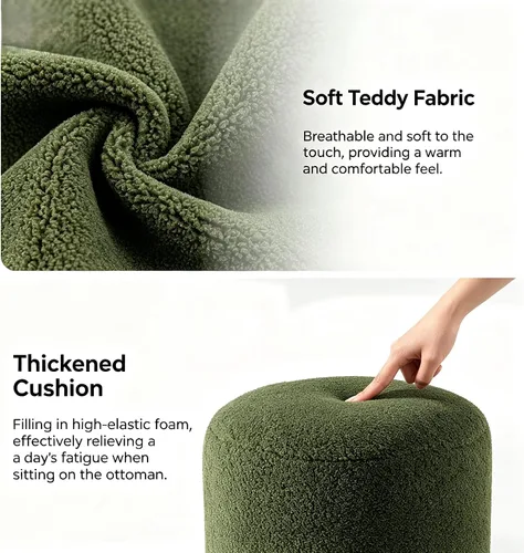 Miniatura 6 de YDcosyfy Otomana redonda moderna, otomana clásica, taburete tapizado de vellón de peluche para maquillaje, dormitorio, sala de estar, verde oscuro