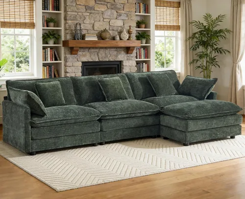 Sofá modular modular de felpilla de asiento profundo, sofá en forma de L con almohadas y otomana móvil, cómodos sofás seccionales de nube de 3 Verde