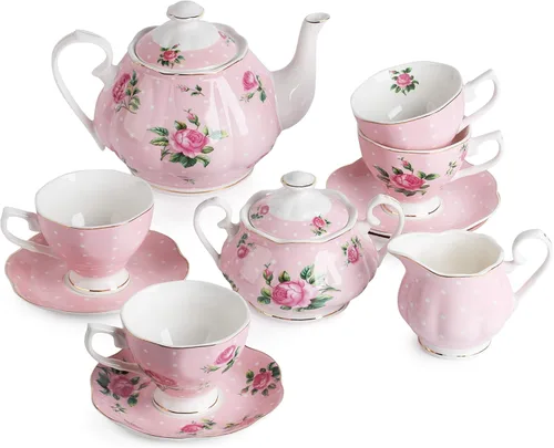 Miniatura 10 de BTaT - Juego de té floral para adultos, 13 piezas, servicio para 4, olla (38 onzas) y tazas (8 onzas) con platillos, diseño floral azul pastel