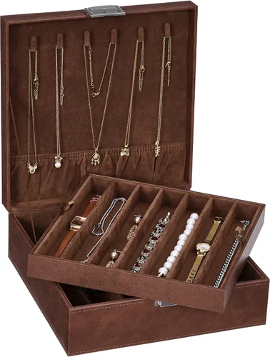 BEWISHOME Caja organizadora de collares, organizador de almacenamiento para cadenas, pulseras, 12 compartimentos (7 regulares + 5 grandes), 6