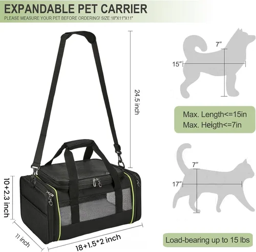Miniatura 3 de Transportador de mascotas expandible negro para gatos y perros, aprobado por aerolíneas, diseño extensible de 2 lados y altura, bolsa de viaje