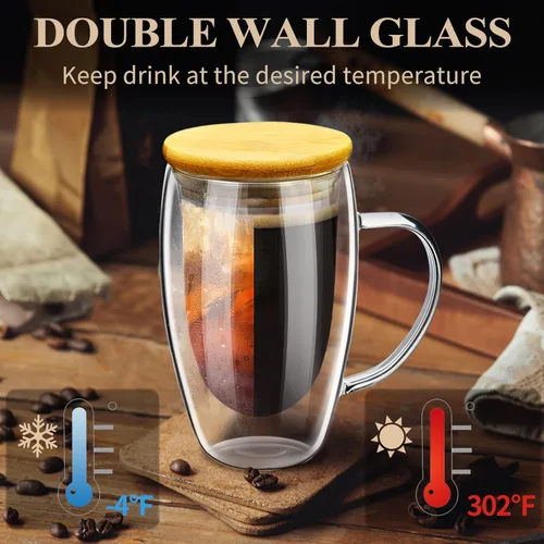 Miniatura 4 de PARACITY Tazas de café de vidrio de doble pared de 16 onzas con tapa/cuchara de bambú, juego de 2 tazas de café de vidrio con asa, taza de café