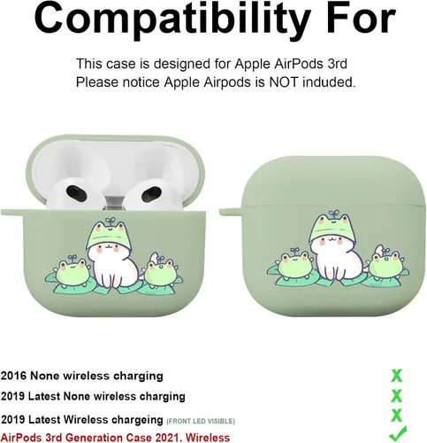 Miniatura 4 de Funda compatible con Airpods de 3ª generación, linda funda para Airpods 3, diseño de rana, protectora para mujeres y niñas con llavero para Apple