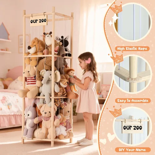 Miniatura 3 de LAMU Almacenamiento de animales de peluche, soporte de madera para animales de peluche con cordones elásticos, organizador de juguetes de ahorro