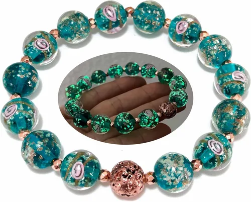 ARTSY Crafts - Pulsera de cuentas de luciérnaga que brillan en la oscuridad, color azul océano luminoso, cuentas de cristal de Murano, joyería de