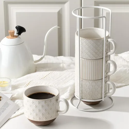 Miniatura 3 de Juego de 4 tazas de café de cerámica grandes con soporte, 15 oz, apilables, tazas de café con relieves diferentes y acanaladas para café con leche