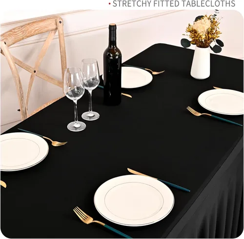 Miniatura 4 de fani Paquete de 2 faldas de mesa elásticas negras para mesa rectangular de 6 pies, manteles elásticos de elastano lavables con falda, mantel
