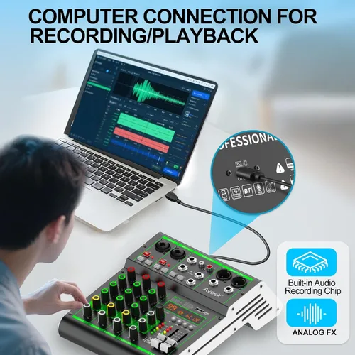 Miniatura 3 de Aveek Mezclador de audio, consola de mezcla de tablero de sonido profesional con unidad USB/Bluetooth/Computadora/Mezclador de DJ de entrada estéreo