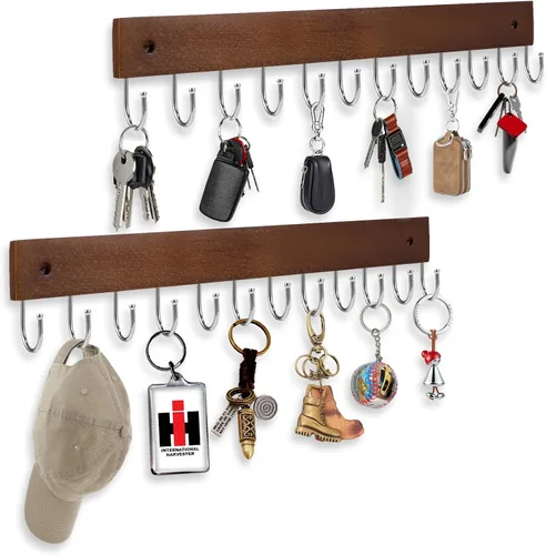 UNIFUN Ganchos para llaves, ganchos para colgar en la pared con 12 ganchos, para entrada, baño, pasillo y cocina (color marrón, paquete de 2)