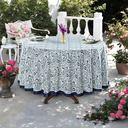 Miniatura 3 de Ridhi Mantel redondo 132 de 100 % algodón, color azul vaquero, estampado a mano, lavable, reutilizable, para fiestas, bufé, comedor, bodas, campo