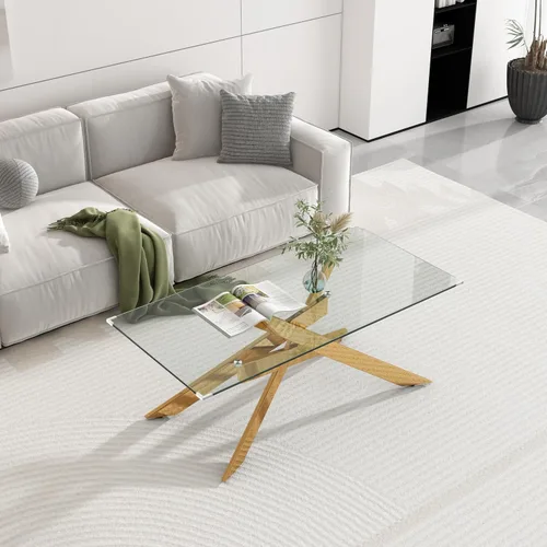 Miniatura 4 de Mesa de centro rectangular moderna de cristal, mesa central de vidrio templado y patas de metal chapado en oro para sala de estar, oficina en casa
