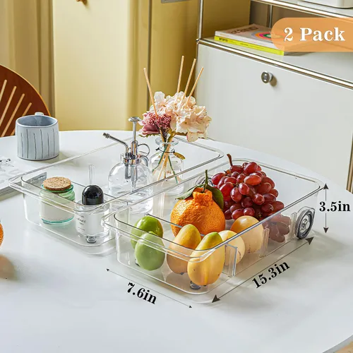 Miniatura 4 de MANO Paquete de 2 bandejas divididas para refrigerador, organizador de refrigerador con ruedas para despensa de verduras, caja de aperitivos debajo