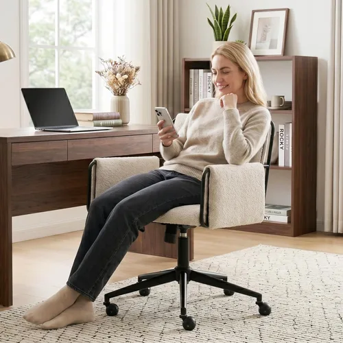 Miniatura 8 de Rowill Silla de oficina moderna, tela beige Boucle, altura ajustable, capacidad de 300 libras, ruedas, reposabrazos, perfecta para oficina en casa