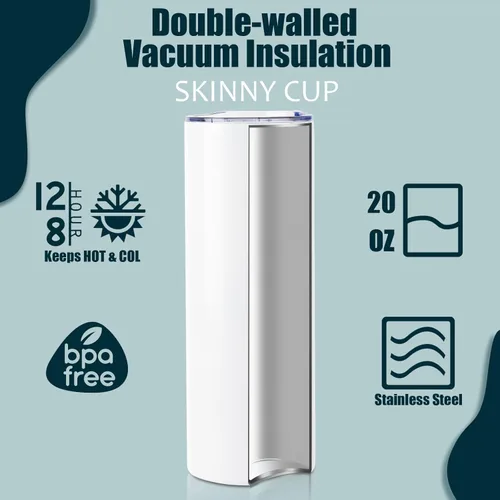 Miniatura 6 de Juego de 12 Vasos de Sublimación de 20 oz, Vasos de Acero Inoxidable de Pared Doble Delgados y Rectos en Blanco, Vaso de Sublimación con Tapa