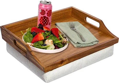 Miniatura 10 de ROSSIE HOME Bandeja de cama de madera de bambú, escritorio de regazo, juego de dos, con cesta de almacenamiento de jacinto, natural, para portátiles