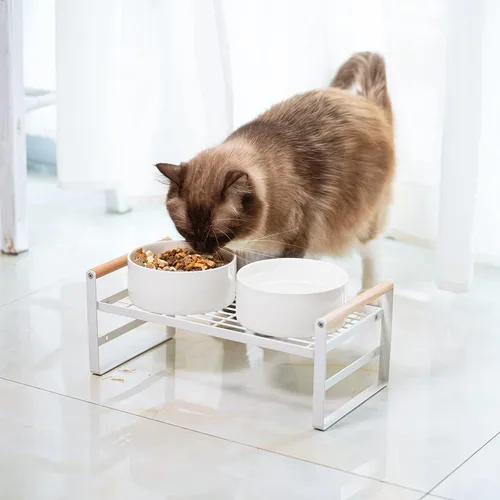 CEEFU Cuencos elevados mejorados para gatos, soporte ajustable para gatos con 2 cuencos de cerámica para gatos y perros, 20 onzas cada uno