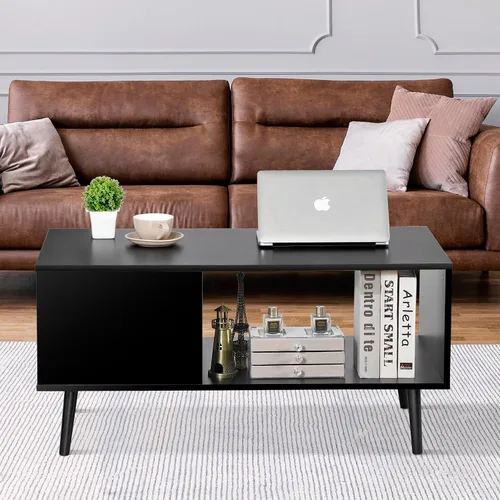 Miniatura 2 de SUPER DEAL Mesa auxiliar de 2 niveles para sala de estar, mesa central rectangular de 40 pulgadas con estante de almacenamiento abierto, mesa