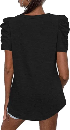 Miniatura 4 de Camiseta casual de verano con cuello en V para mujer, manga abombada, fruncida, elegante