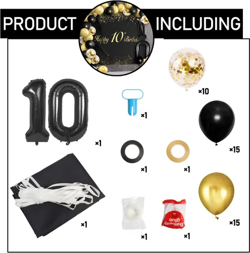 Miniatura 3 de Globos de Feliz 10 Cumpleaños Negros Set Decor - Saludos a la Fiesta de 10 Años de Edad, Guirnalda, Bandera, Telón de Fondo, Decoraciones