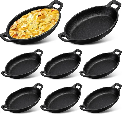 Mifoci Paquete de 8 mini fajitas de hierro fundido, 7.1 x 4.7 pulgadas, sartén ovalada para carne, juego de moldes pequeños, cacerola negra para