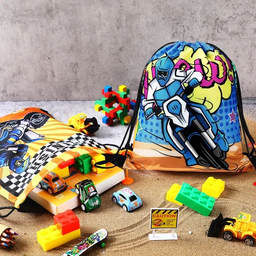 Miniatura 7 de Boao Paquete de 16 bolsas de regalos de motocross con cordón para fiestas temáticas de carreras, bolsas de regalos para fiestas de cumpleaños