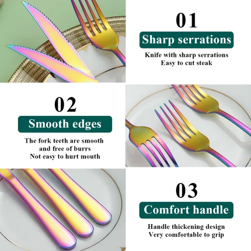 Miniatura 5 de Evanda Rainbow - Juego de cuchillos para carne, 12 piezas, acero inoxidable chapado en titanio arcoíris, 6 tenedores y 6 cuchillos de cena