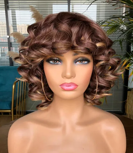 Miniatura 7 de Pelucas cortas y rizadas para mujeres negras, peluca rizada afro con flequillo, rizos sueltos, lindos rizos, pelo sintético para mujeres Negro