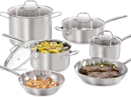 Guy Fieri's Flavortown Juego de utensilios de cocina de acero inoxidable de 10 piezas - Incluye sartenes, cacerolas, sartén salteador y olla de