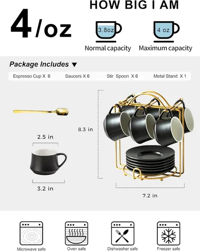 Miniatura 2 de YHOSSEUN Juego de 6 Tazas de Café Espresso de Cerámica, Tazas de Shots de Espresso de 4 Oz con Soporte, Platillos y Cucharas, Tazas Pequeñas de Café