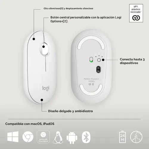Miniatura 6 de Ratón Logitech Pebble Mouse 2 M350s Slim Bluetooth inalámbrico, portátil, ligero, botón personalizable, clics silenciosos, Easy-Switch para Windows