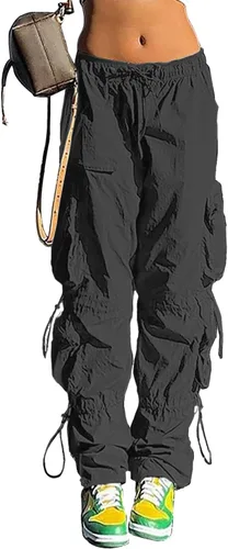 Miniatura 4 de Lepunuo Pantalones de paracaídas para mujer, pantalones cargo holgados con cordón elástico en la cintura Y2K, pantalones deportivos con bolsillos