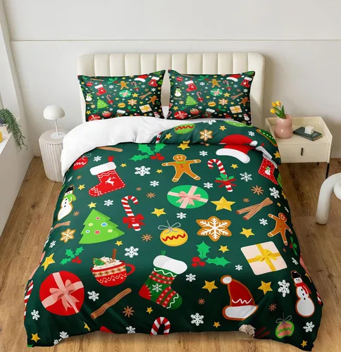 Miniatura 8 de Herside Juego de funda de edredón de Navidad, tamaño Queen, colorido patrón navideño impreso, bonita decoración navideña, microfibra suave, funda