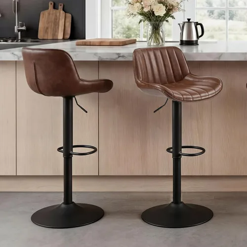 Miniatura 9 de Fat Ant Juego de 2 taburetes de bar ajustables de piel sintética, sillas de bar giratorias con respaldo, taburete de isla de cocina moderno tapizado