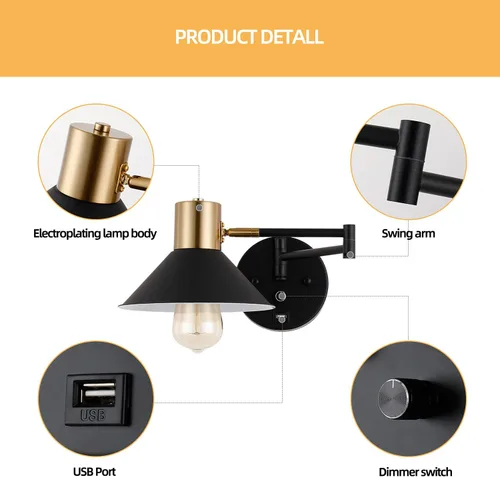 Miniatura 7 de Lámpara de Pared con Brazo Oscilante Enchufable, Apliques de Pared Ajustables, Luz de Lectura Industrial Vintage, Luz de Montaje en Pared junto a