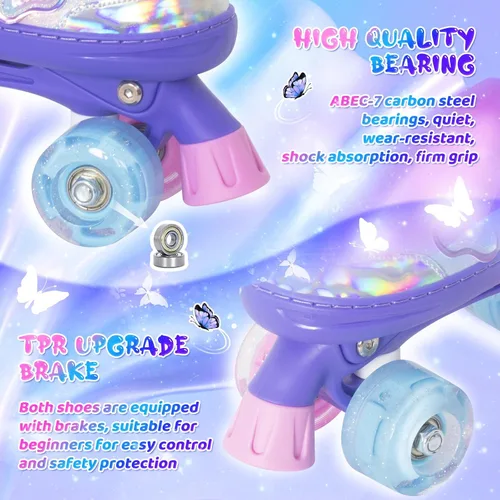 Miniatura 9 de MammyGol Patines de ruedas para niños y niñas, patines ajustables para niños con hermosas mariposas, principiantes de 3 a 16 años de edad, patines