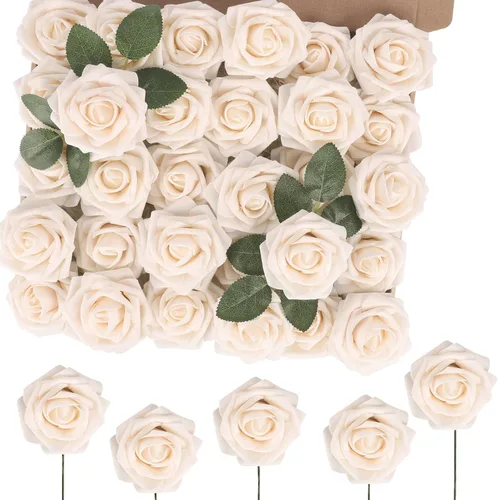 Miniatura 23 de MACTING 30 Rosas Artificiales Blancas Flores Falsas con Tallo Rosas de Espuma de Tacto Real para DIY Arreglos de Ramo de Boda Centros de Mesa White-1