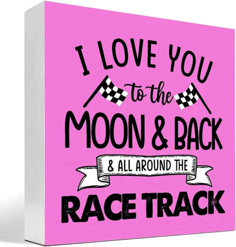 Miniatura 11 de Letrero de madera "I Love You To The Moon And Back And All Around The Race Track" para decoración de escritorio, letrero de caja con banderas a