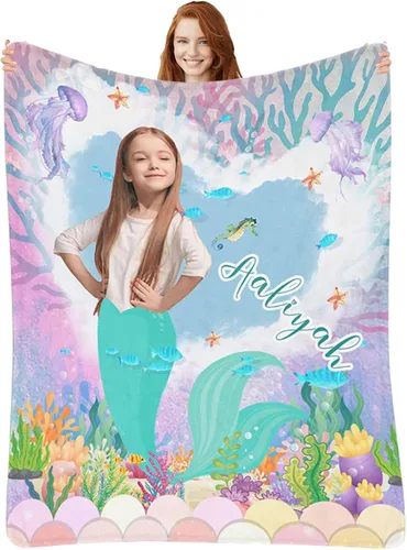 Manta de Sirena Personalizada para Niñas Bebés - Manta de Forro Polar para Recién Nacidos y Niños Pequeños - Foto y Nombre, Regalos de Navidad,