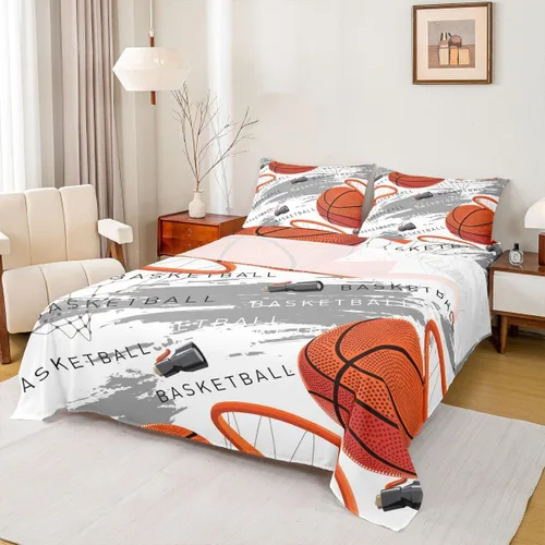 Miniatura 10 de Juego de sábanas de baloncesto para niños, tamaño individual, diseño abstracto geométrico para cancha de baloncesto, decoración de habitación