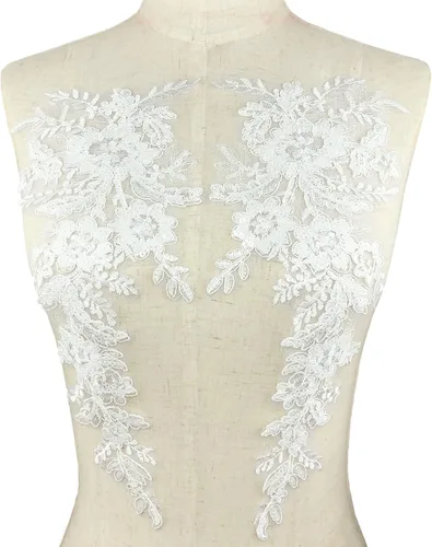 Miniatura 2 de 1 par de apliques de encaje con bordado de flores de lentejuelas, parches para coser para boda, vestido de novia, vestido de fiesta, ropa, corpiño