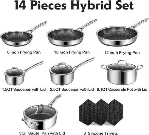 Miniatura 4 de SNOWCLAD Juego de ollas y sartenes antiadherentes, 14 piezas de utensilios de cocina híbridos de acero inoxidable, sartenes antiadherentes