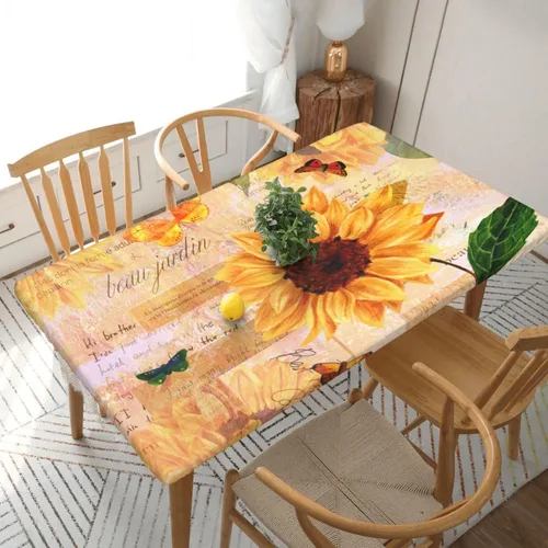 Miniatura 32 de Fiokroo Mantel de Flores de Crisantemo Azul, Amarillo y Azul Marino con Borde Elástico, Mantel Redondo Lavable y Reutilizable Cubierta de Mesa