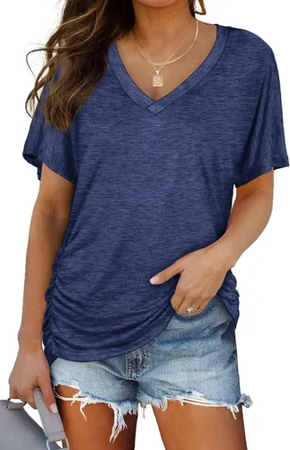 Miniatura 14 de WIHOLL - Camisetas de manga corta con cuello en V para mujer, holgadas, con fruncido lateral